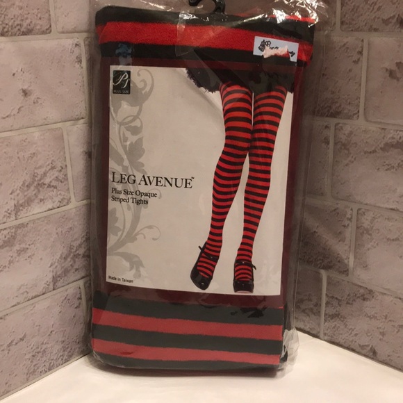 New Leg Avenue Plus Size Black/Red Striped Tights - Picture 2 of 4